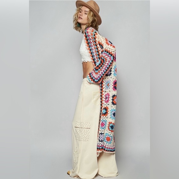 POL Colorful Crochet Cardigan 70s Hippie Boho - Picture 6 of 8
